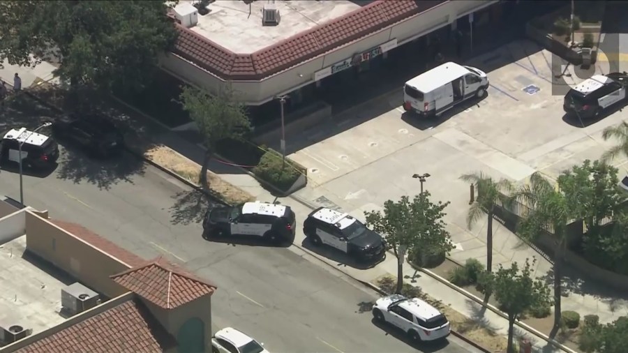 Police cordoned off the Glendale parking lot after a man was found fatally shot on August 15, 2024. (KTLA)