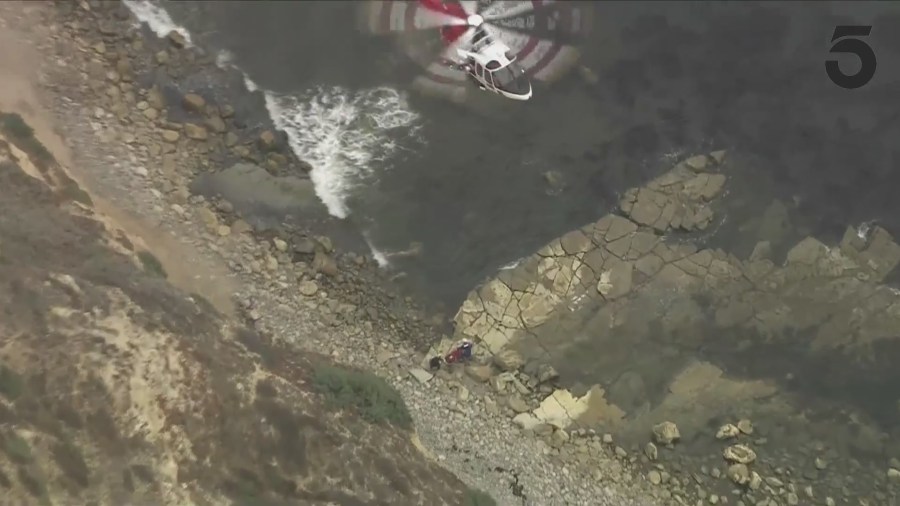Los Angeles Fire Department crews airlifted a body that was found off a seaside cliff in San Pedro on August 1, 2024. (KTLA)