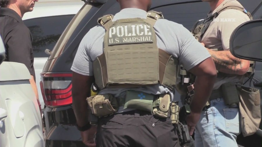 U.S. Marshals and the Anaheim Police Department fired at a teen murder suspect in Anaheim before taking him into custody on August 9, 2024. (KTLA)