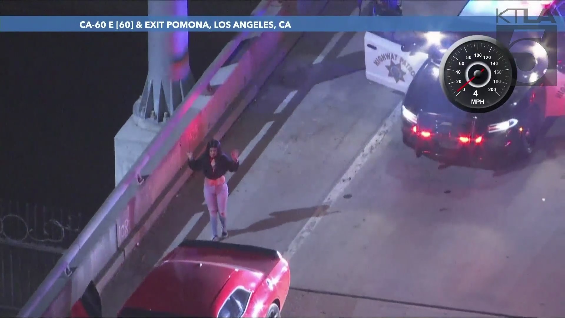 A female passenger surrendered to California Highway Patrol officers on August 16, 2024. (KTLA)