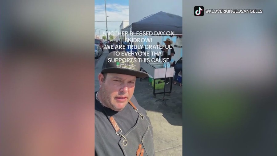 Street food vendor Chris Bailey posts a video to his TikTok profile where he receives donations and community support. (@kloverkinglosangeles)