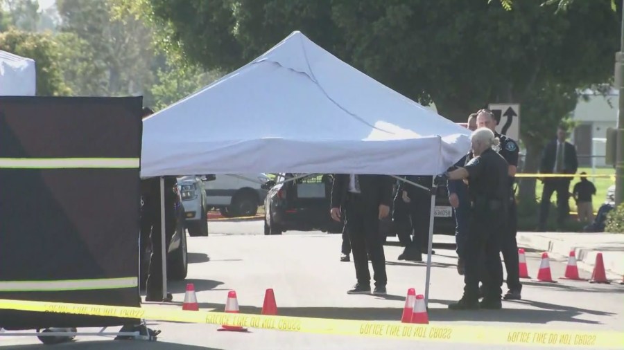 Police shot and killed a suspect who was seen stabbing a female family member outside an Irvine home on August 8, 2024. (KTLA)