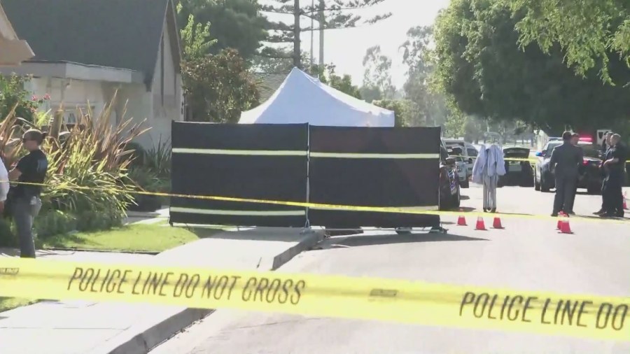 Police shot and killed a suspect who was seen stabbing a female family member outside an Irvine home on August 8, 2024. (KTLA)