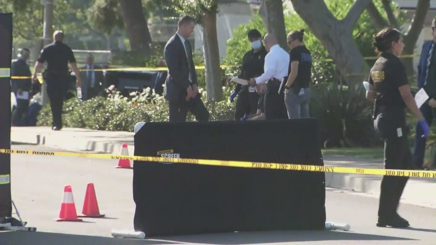 Police shot and killed a suspect who was seen stabbing a female family member outside an Irvine home on August 8, 2024. (KTLA)