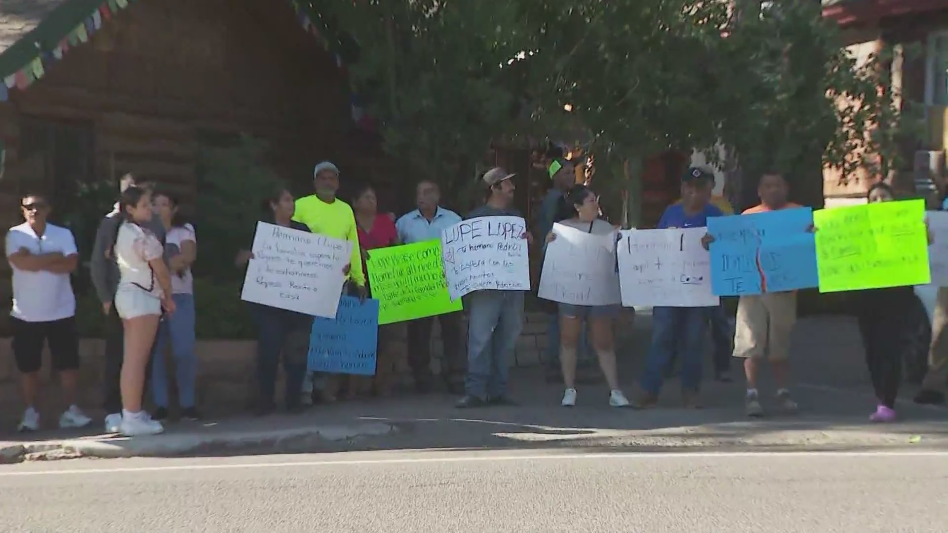 A group of friends, family and community members gathered outside in Idyllwild asking for the public's help to find the missing man on August 21, 2024. (KTLA)