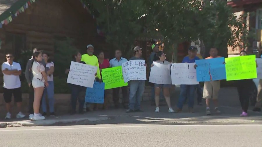 A group of friends, family and community members gathered outside in Idyllwild asking for the public's help to find the missing man on August 21, 2024. (KTLA)