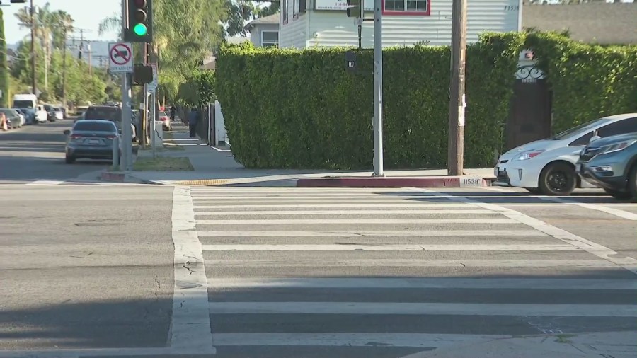 The crosswalk at Victory Boulevard and Beck Avenue in North Hollywood where the victim was fatally struck on August 16, 2024. (KTLA)