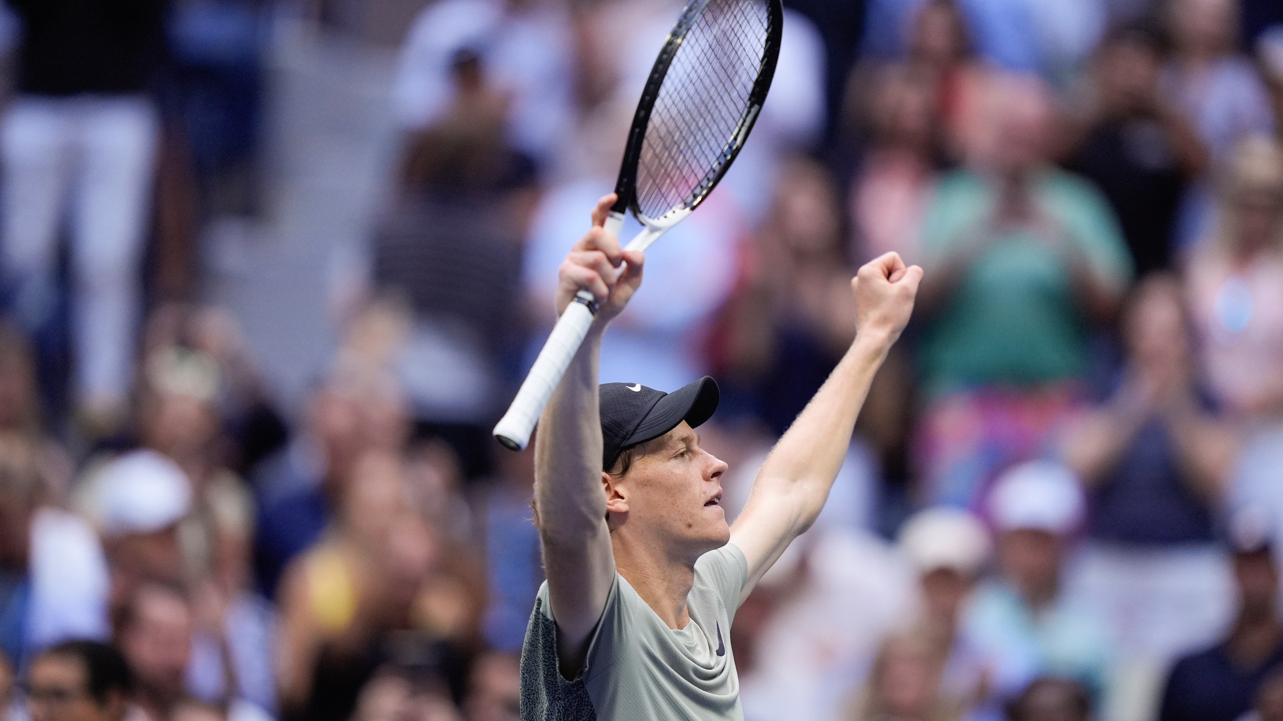 Jannik Sinner, of Italy, reacts after defeating Jack Draper, of Great Britain, during the men's singles semifinal of the U.S. Open tennis championships, Friday, Sept. 6, 2024, in New York. (AP Photo/Julia Nikhinson)