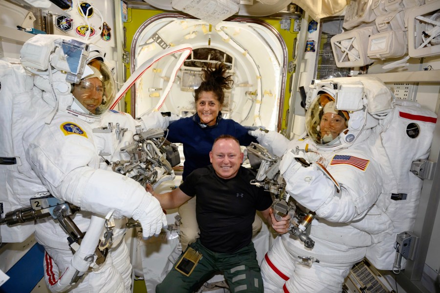 FILE - In this photo provided by NASA, Boeing Crew Flight Test astronauts Suni Williams and Butch Wilmore, center, pose with Expedition 71 Flight Engineers Mike Barratt, left, and Tracy Dyson, aboard the International Space Station's Quest airlock on June 24, 2024. (NASA via AP, File)