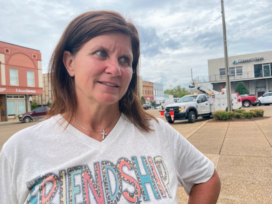 Lori Chavis, a city council member in Grenada, Miss., speaks Wednesday, Sept. 11, 2024, about a plan to move a Confederate monument from a prominent spot in downtown to a secluded area behind a fire station. (AP Photo/Emily Wagster Pettus)