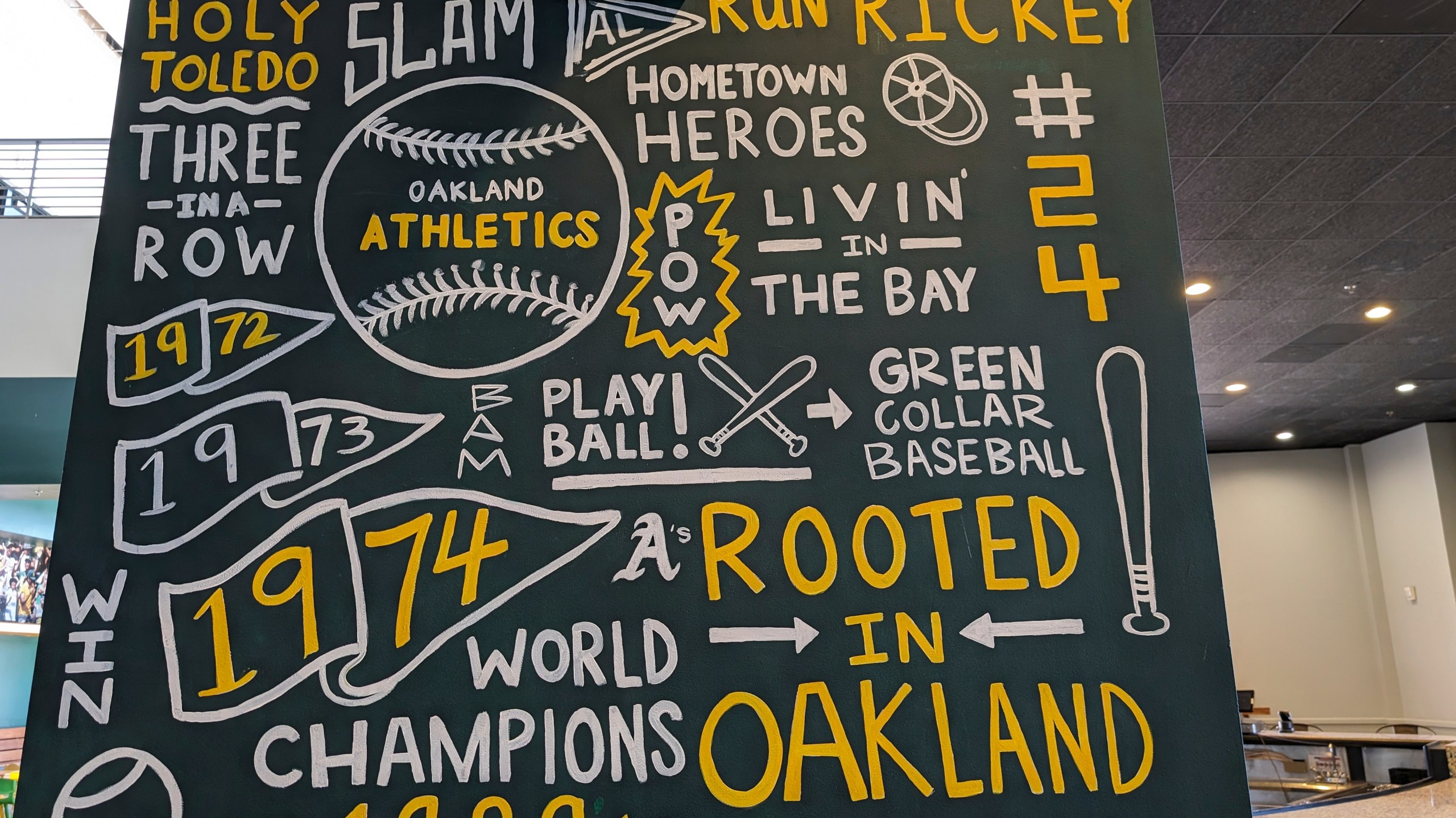 A sign in an empty bar inside the Oakland Coliseum still included the team's former slogan, "Rooted in Oakland" is seen on May 1, 2024, in Oakland, Calif. (AP Photo/Michael Liedtke)