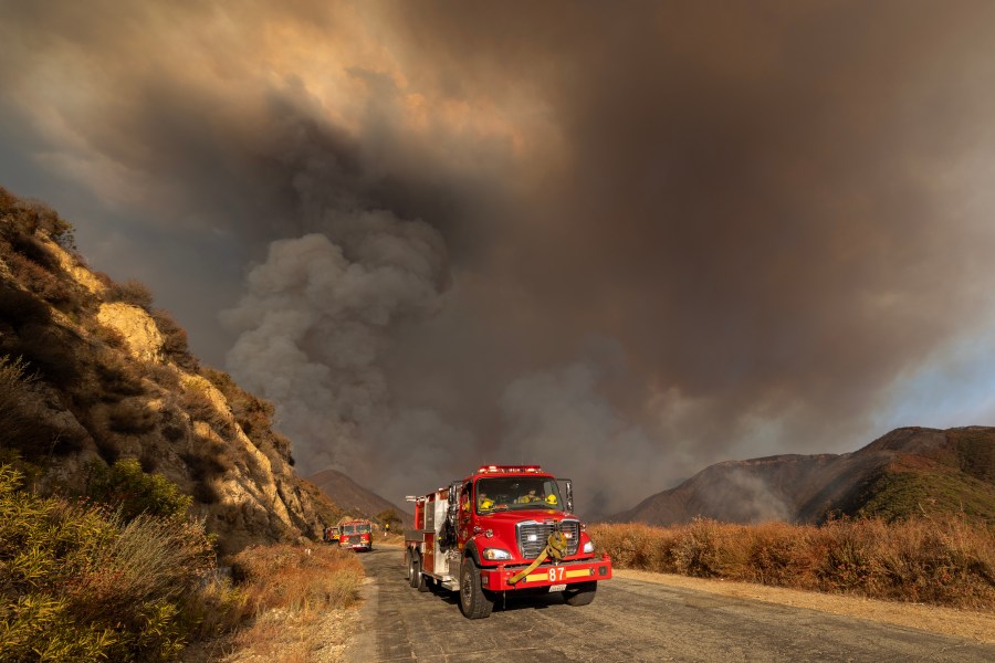 Smoke rises as the Bridge fire continues to burn on September 9, 2024 near Glendora, California. (Photo by David McNew/Getty Images)