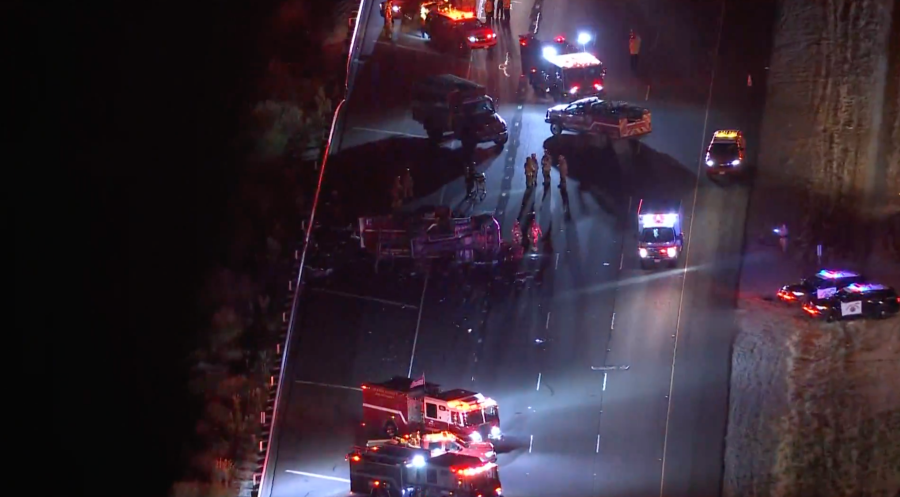 Multiple patients were airlifted to the hospital after a Orange County Fire Authority truck crashed on the 241 Freeway on Sept. 19, 2024. (KTLA)