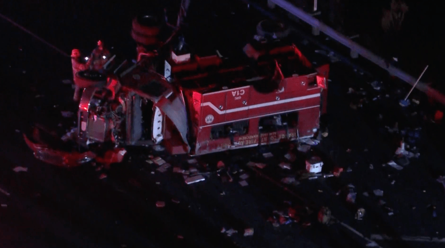 Multiple patients were airlifted to the hospital after a Orange County Fire Authority truck crashed on the 241 Freeway on Sept. 19, 2024. (KTLA)