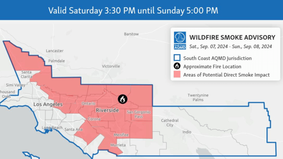 Map of Inland Empire communities under a poor air advisory due to wildfire smoke from the Line Fire. (South Coast Air Quality Management District)