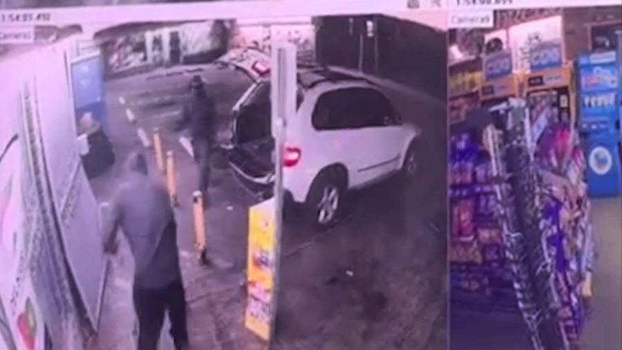 An ATM was stolen by three male suspects from a liquor store on the 13500 block of Eldridge Avenue in Sylmar on Sept. 25, 2024. (KTLA)