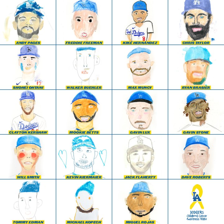 Childhood cancer patients from UCLA Health drew their favorite Dodgers player as part of Childhood Cancer Awareness Night at Dodger Stadium on Sept. 9, 2024. (Los Angeles Dodgers)