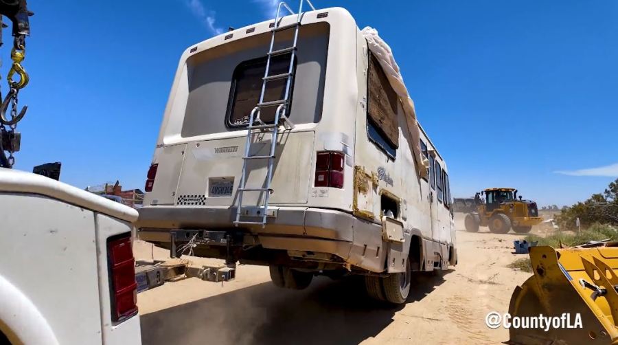 A dilapidated RV was among 32 different vehicles that were removed from the Palmdale encampment. (Los Angeles County)