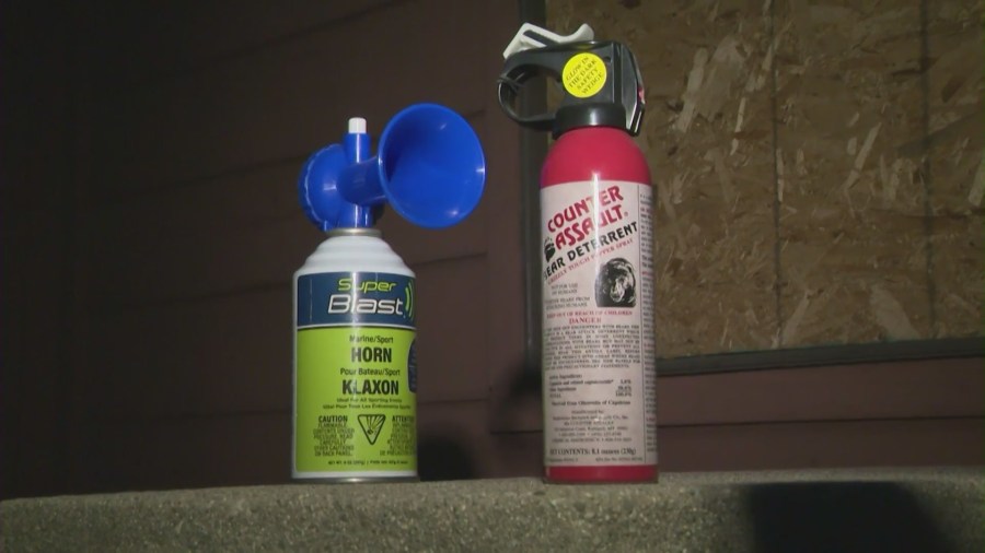 Some neighbors said they carry air horns and bear spray in case of possible bear encounters in the neighborhood. (KTLA)