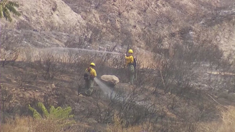 Air and ground crews continue battling the Line Fire in San Bernardino County on September 7, 2024. (KTLA)