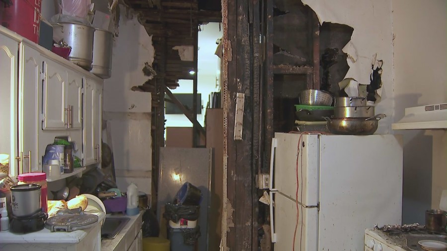 Maria Vargas' apartment was destroyed by the fire that burned through her kitchen, bathroom, surrounding walls and personal belongings. (KTLA)