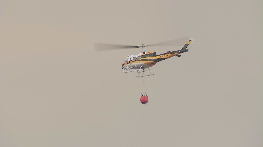 Air and ground crews continue battling the Line Fire in San Bernardino County on September 7, 2024. (KTLA)