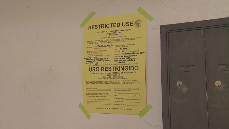 The building was yellow-tagged by officials but tenants say the affected apartment units are dangerous and uninhabitable. (KTLA)