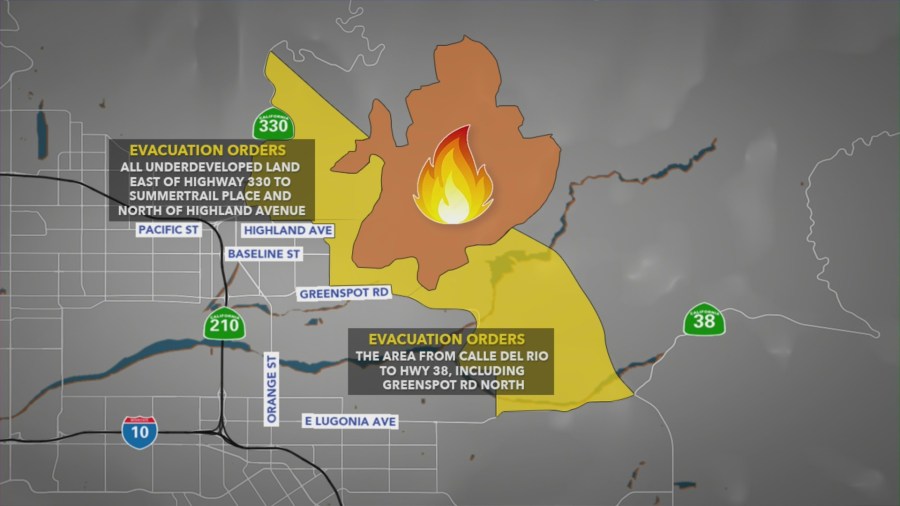 Map of neighborhoods and areas under evacuation orders due to the Line Fire in in San Bernardino County on September 7, 2024. (KTLA)