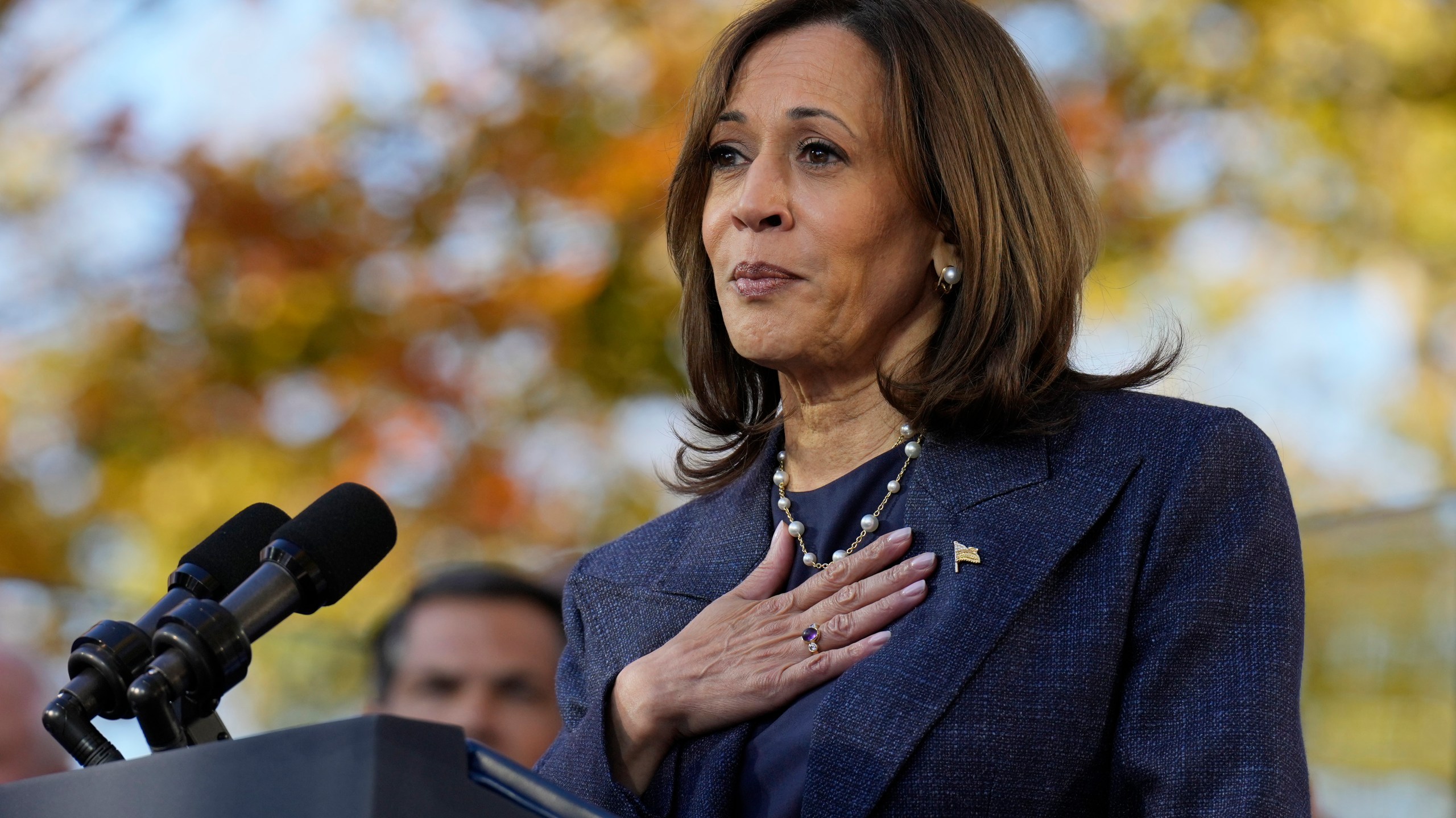 Democratic presidential nominee Vice President Kamala Harris speaks during a campaign event at Washington Crossing Historic Park, Wednesday, Oct. 16, 2024, in Washington Crossing, Pa. (AP Photo/Jacquelyn Martin)