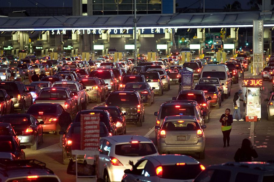 Vehicles stand in early morning traffic at the San Ysidro Port of Entry for the U.S. and Mexico border crossing in Tijuana, Mexico, on Thursday, Jan. 26, 2017. (David Maung/Bloomberg via Getty Images)