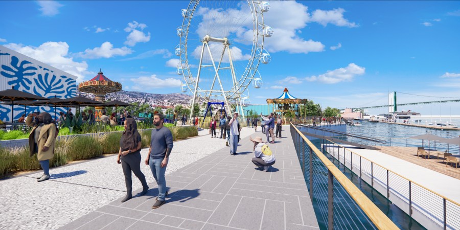 Renderings show people walking along the West Harbor waterfront where theme park rides will be built in Phase 2 of West Harbor construction. (Studio One Eleven)