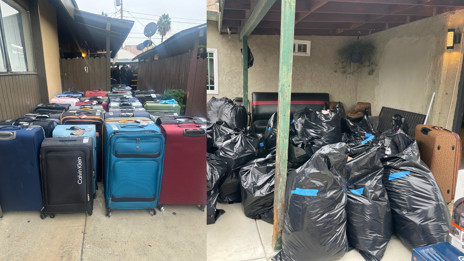 Many large suitcases and bags containing thousands of dollars worth of stolen merchandise was found at homes in Anaheim and Bloomington on Oct. 14, 2024. (California Highway Patrol)