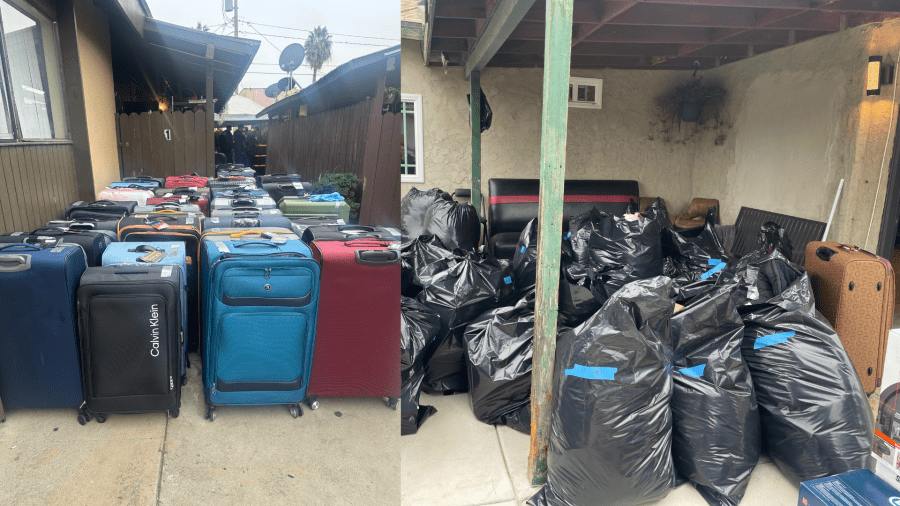 Many large suitcases and bags containing thousands of dollars worth of stolen merchandise was found at homes in Anaheim and Bloomington on Oct. 14, 2024. (California Highway Patrol)