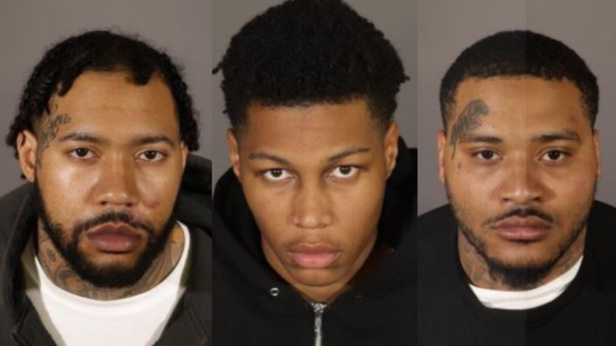 From left: Chazon Brown, 28, from L.A.; Nhazel Warren, 19, from L.A.; and Isaiah Moore, 32, from Fresno are seen in booking photos from the Los Angeles Police Department.