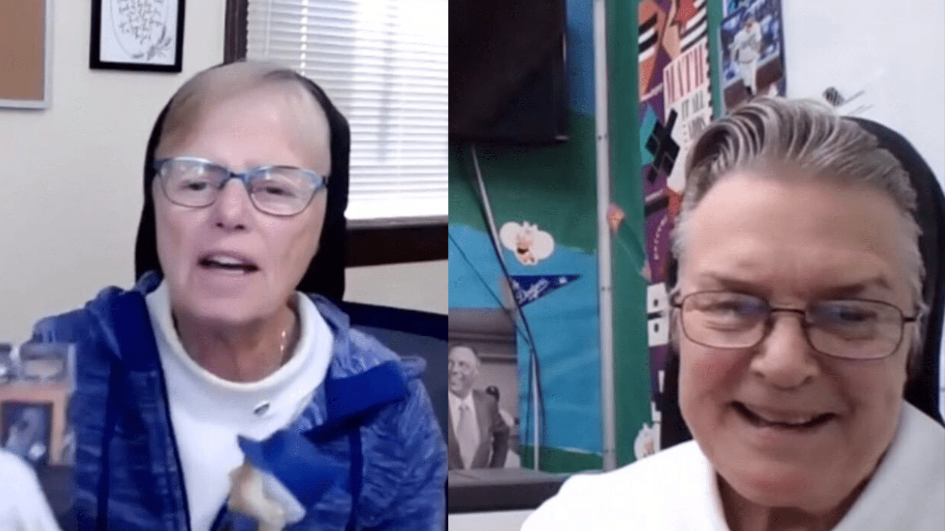Sister Johnelle Turner (left) and Sister Joann Ashburn (right) are Catholic nuns and Dodger superfans who said the Boys in Blue are regularly at the top of their prayer lists. (KTLA)