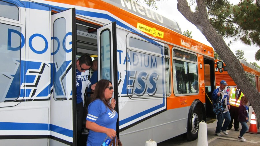 Los Angeles Dodgers fans disembark from the Dodger Stadium Express at Dodger Stadium in this undated photo. (LA Metro/The Source)
