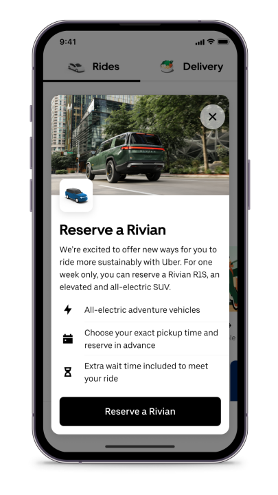 The Reserve a Rivian page in the Uber app is shown in this promotional image. (Uber)
