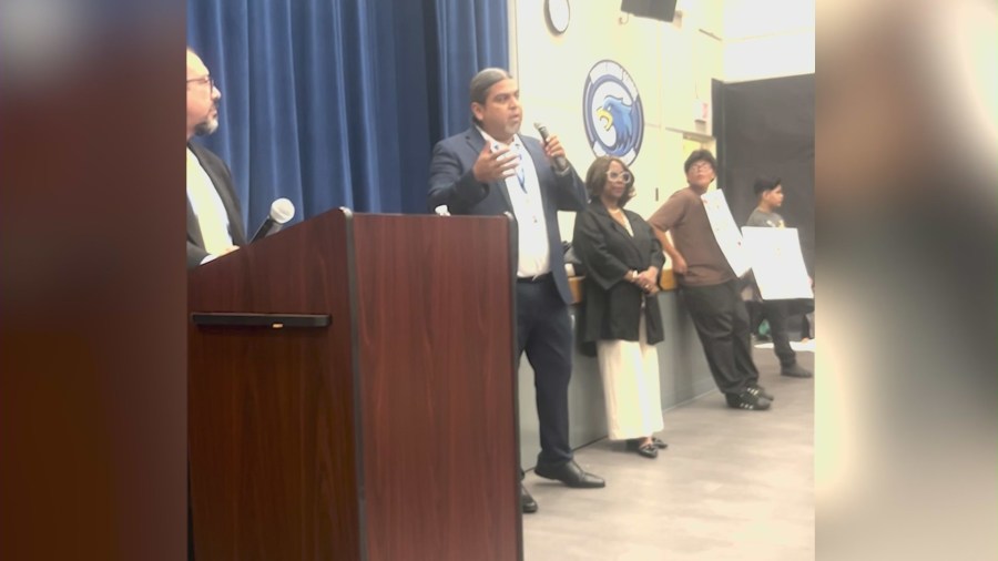 School administrators held a town hall meeting at Frisbie Middle School in Rialto to addressing parental concerns over campus violence and bullying on Oct. 15, 2024. (KTLA)