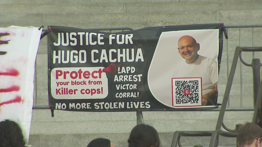 Family and friends held a protest outside Los Angeles City Hall on Oct. 22, 2024., calling for justice in Hugo Cachua's death. (KTLA)