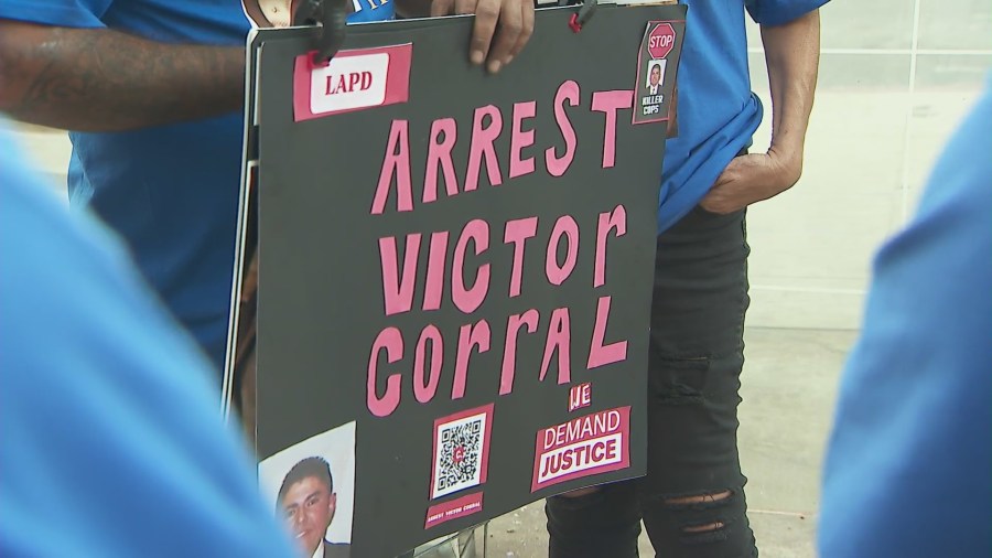 Family and friends held a protest outside Los Angeles City Hall on Oct. 22, 2024., calling for justice in Hugo Cachua's death. (KTLA)