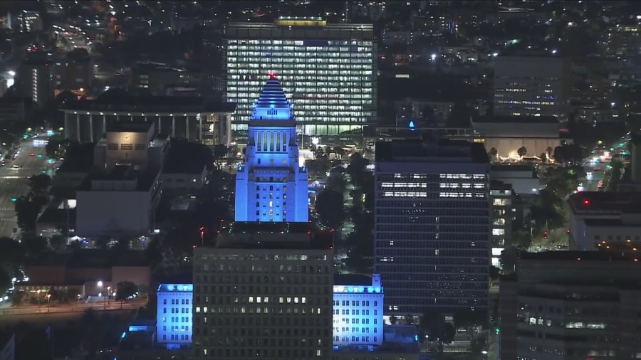 L.A. City Hall lit up in blue to celebrate the Dodgers World Series win on Oct. 30, 2024. (KTLA)