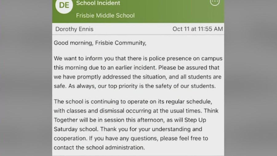 The email notification parents received following the stabbing incident at Frisbie Middle School in Rialto on Oct. 11, 2024. (Sandra Aguilar)