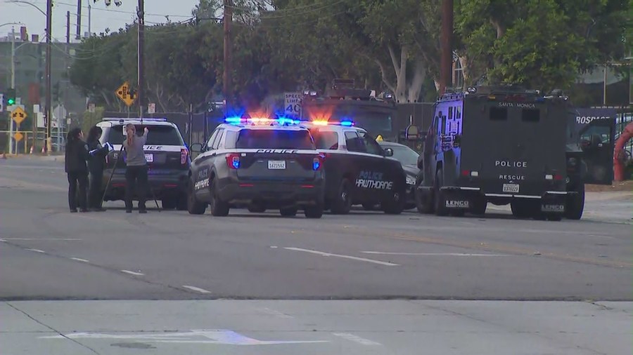 Roads near El Segundo and Aviation Boulevards in El Segundo were blocked following a deadly standoff with the Santa Monica College shooting suspect on Oct. 15, 2024. (KTLA)