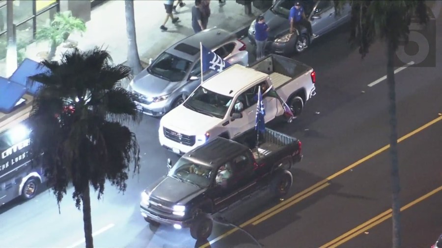 Fans in East L.A. take to the streets to celebrate after the Dodgers captured their 8th World Series title, coming from behind to beat the New York Yankees 7-6 in Game 5 on Oct. 5, 2024. (KTLA)