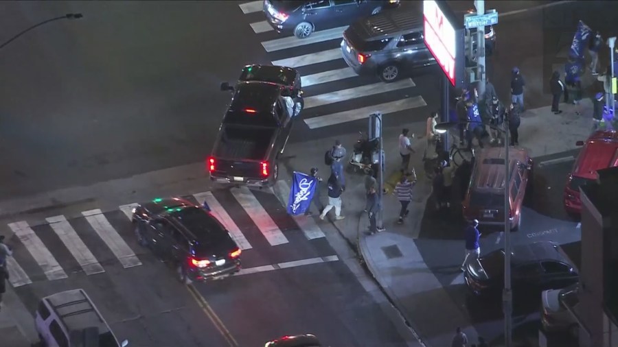 Fans gathered in the streets of East L.A. to celebrate the Dodgers' World Series win on Oct. 30, 2024. (KTLA)
