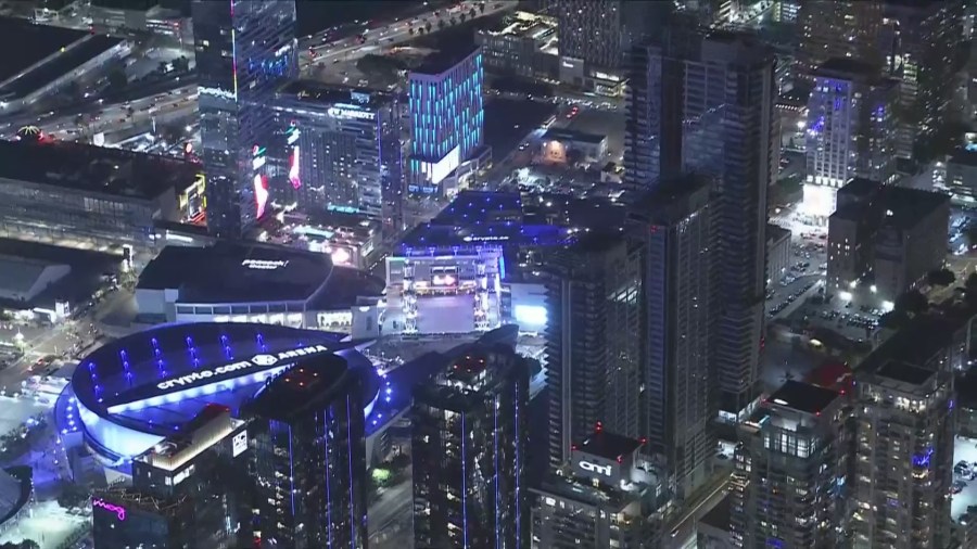Buildings across downtown L.A. were lit up in blue to celebrate the Dodgers' World Series win on Oct. 30, 2024. (KTLA)