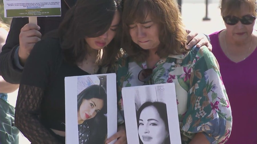 The missing woman's daughter and mother, along with friends and family, held a press conference in Downey on Oct. 10, 2024, asking authorities for more resources to find Adriana Rodriguez. (KTLA)