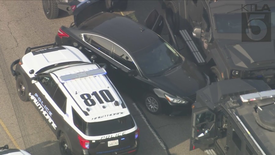 The suspect was boxed in by SWAT team vehicles and taken into custody after an hours-long standoff in El Segundo on Oct. 15, 2024. (KTLA)
