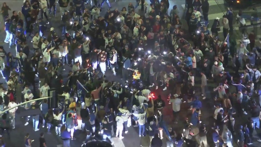 Fans gathered in the streets of Echo Park to celebrate the Dodgers' World Series win on Oct. 30, 2024. (KTLA)