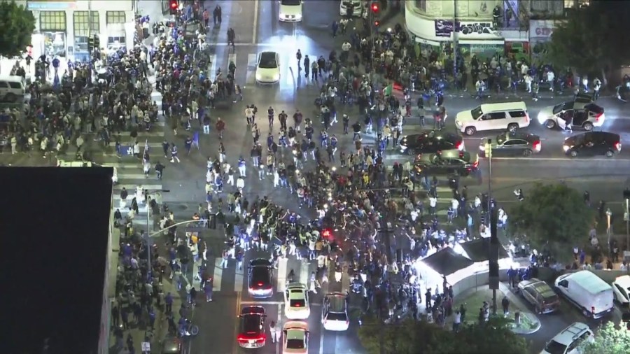 Fans gathered in the streets of Echo Park to celebrate the Dodgers' World Series win on Oct. 30, 2024. (KTLA)